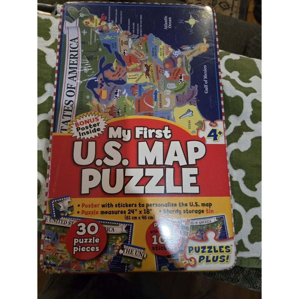 my first u.s. map puzzle with post and 100 stickers in metal tin. new sealed